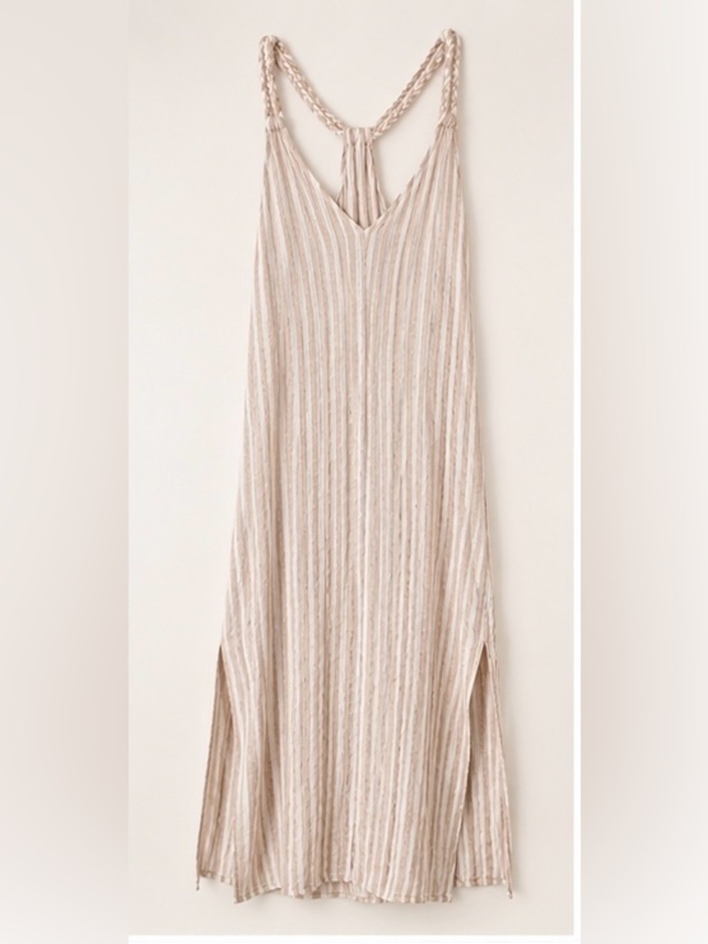 Rachel Ashwell Linen Blend Braided Strap Maxi Dress Beige Stripe Boho Beach M - Picture 2 of 7